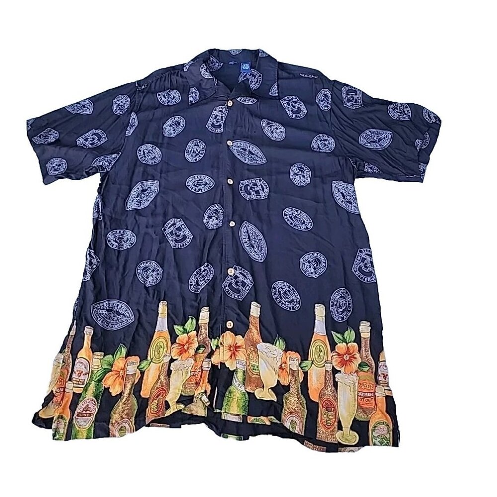 High Surf Hawaiian Beer Bottle Print Tiki Mens Sz XL Button-up Bartender Shirt